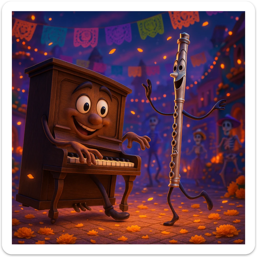 (Style film coco de pixar ) un piano au royaume des mort danse avec une flûte  sticker