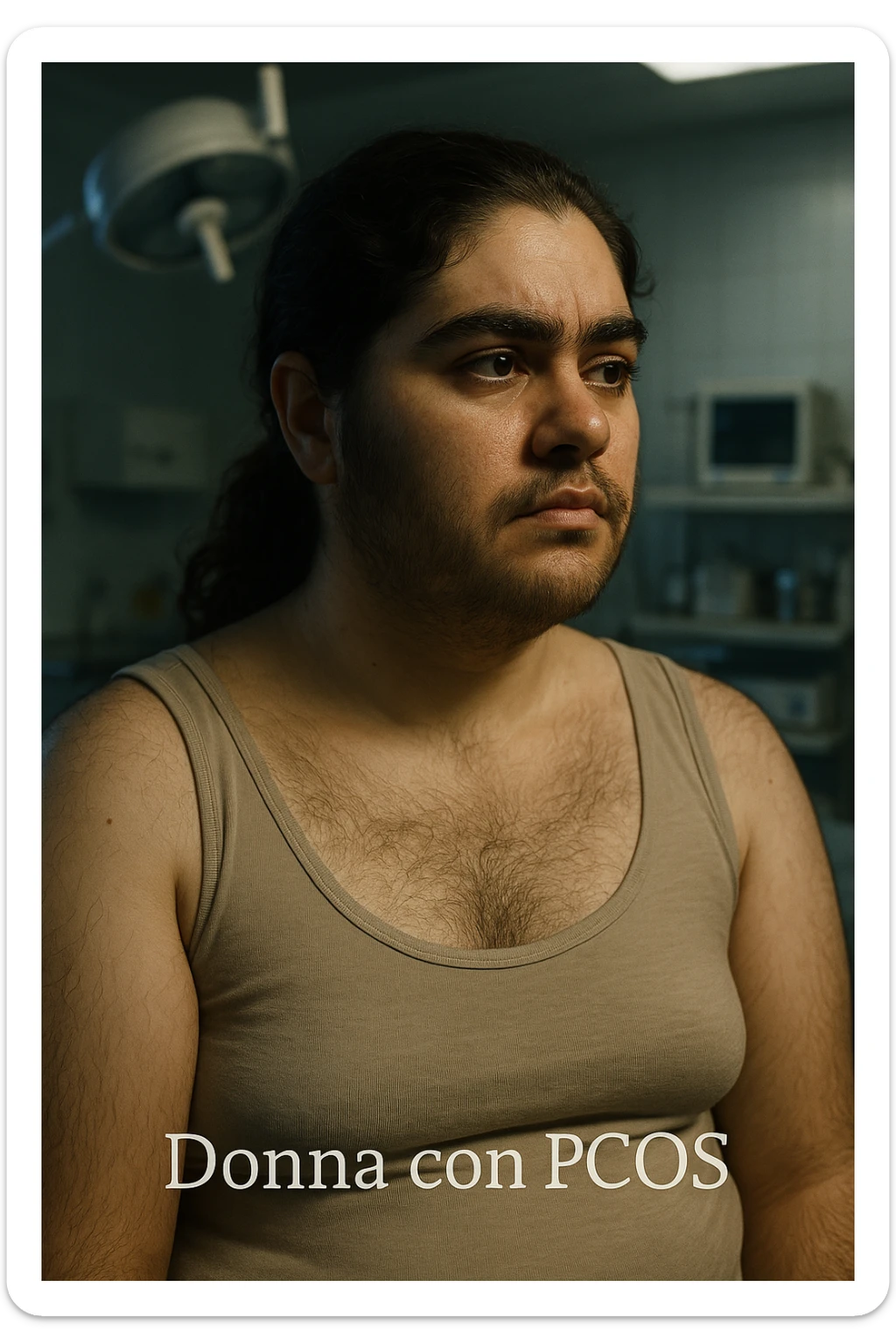 vertical realistic cinematic image of a woman with PCOS, excess hair everywhere, clinical atmosphere, dramatic lighting, Italian captions, aspect ratio 2:3 sticker