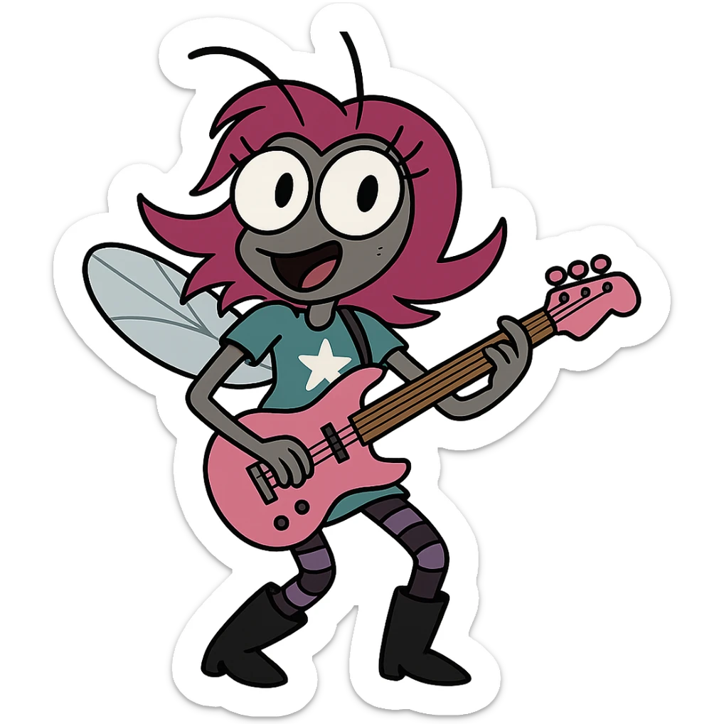 female fly character with magenta hair, big round eyes, teal shirt with white star, golden belt, black boots, purple-striped leggings, holding a pink guitar, rockstar energy, playful and musical sticker