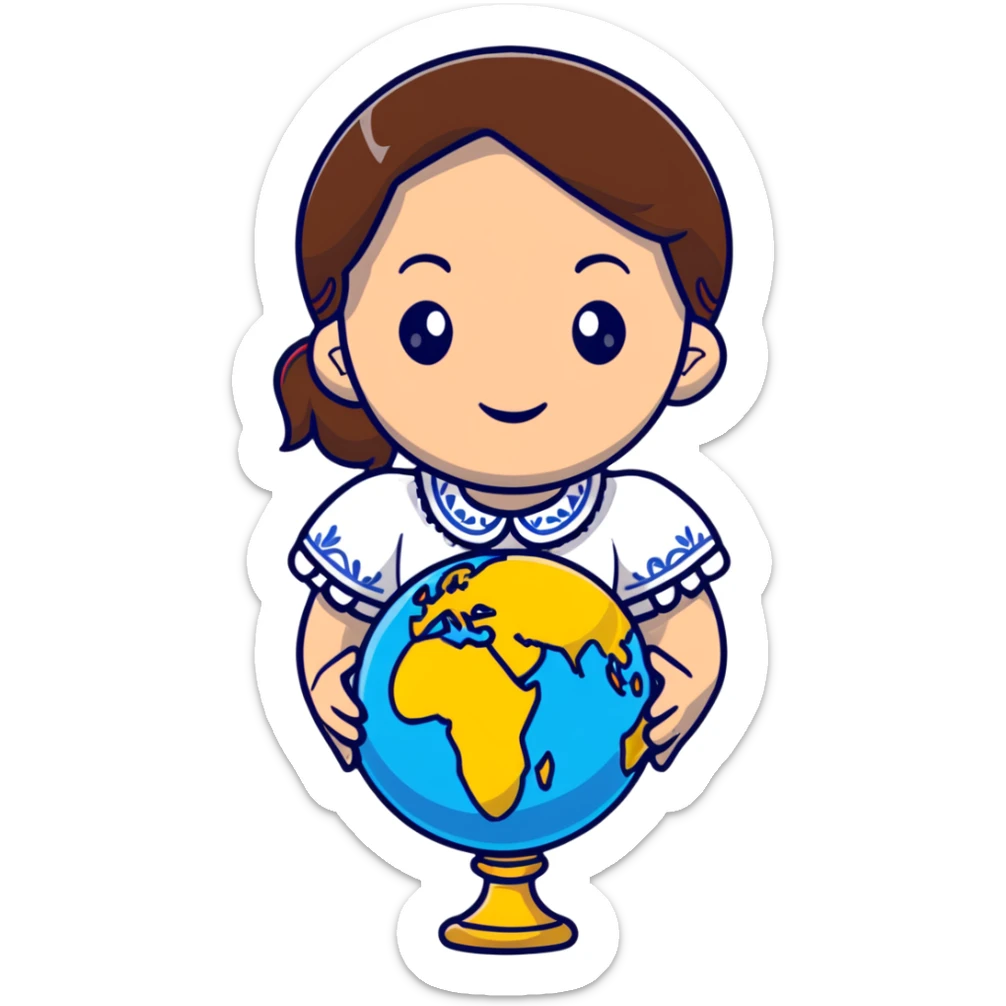 Beautiful young girl with brown hair wearing a white Ukrainian embroidered shirt holding a globe in her hand sticker