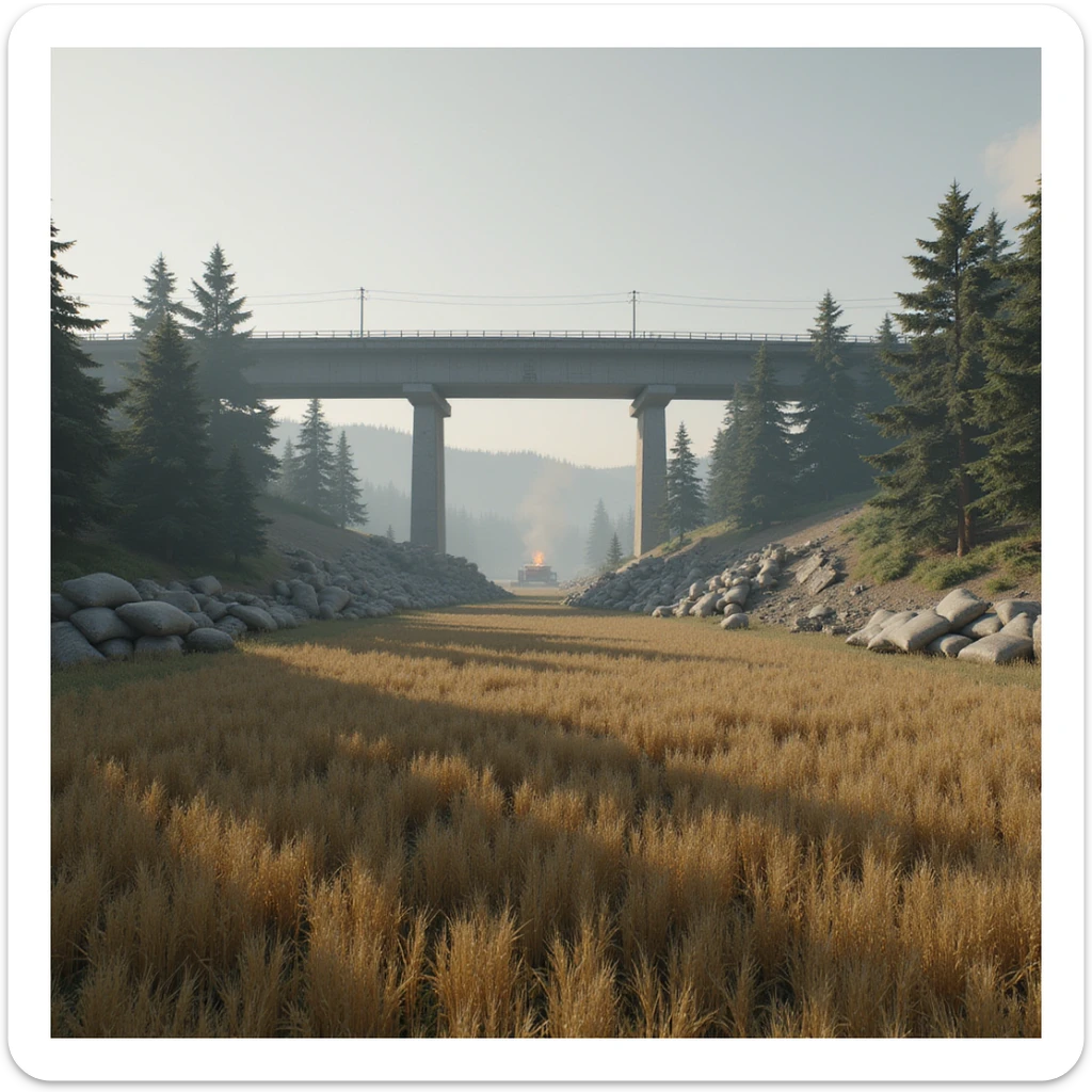  a screenshot of a location in a videogame  the image of the scene consists of: a tall above-ground freeway with a collapsed section in the distance, a wooded area, a small field of wheat, a tall workshop in the distance, and 2-foot tall sandbag wall-fortifications. distant smoke sticker
