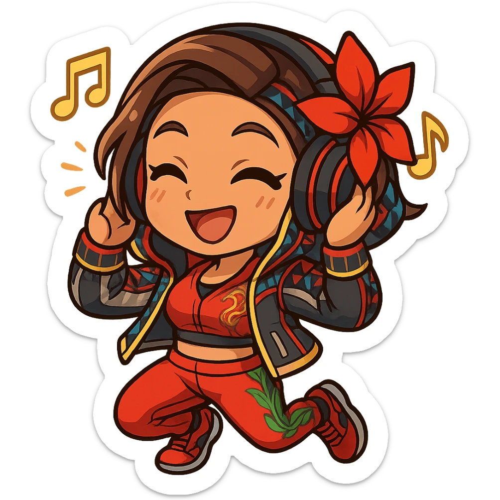 Azucena from Tekken 8 in chibi sticker style, with headphones, jamming to music, wearing the detailed red and patterned outfit from the reference images, designed for Twitch emote use. sticker