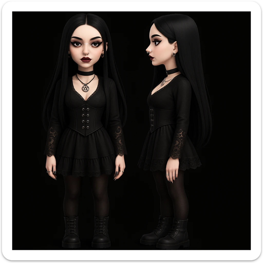 Make the woman more attractive with facial piercings, remove her fringe, dress her in gothic clothing, keep her pale skin and long straight black hair, standing still, with no background. sticker