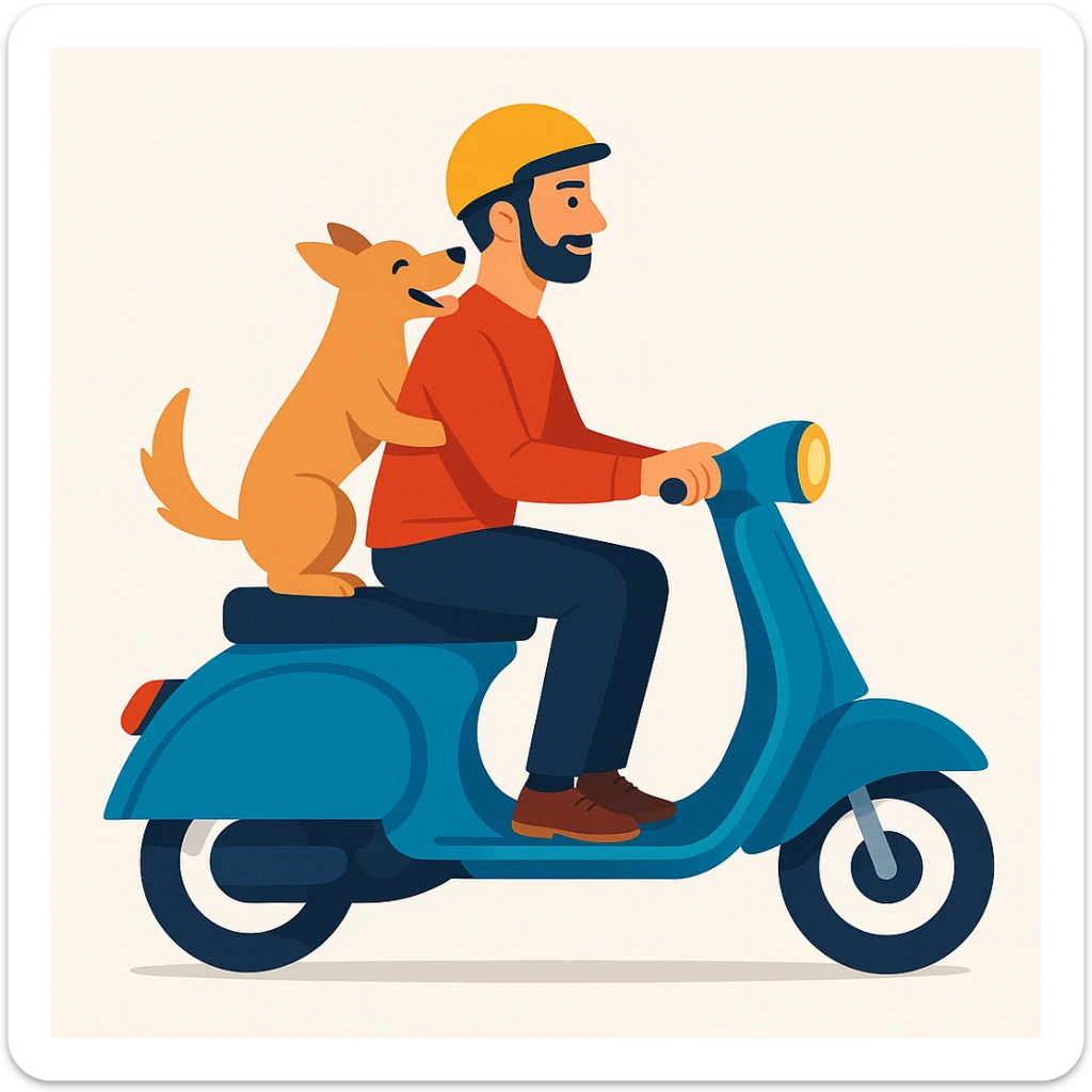 vector art of a man and his pet dog riding a vespa, for website design  sticker
