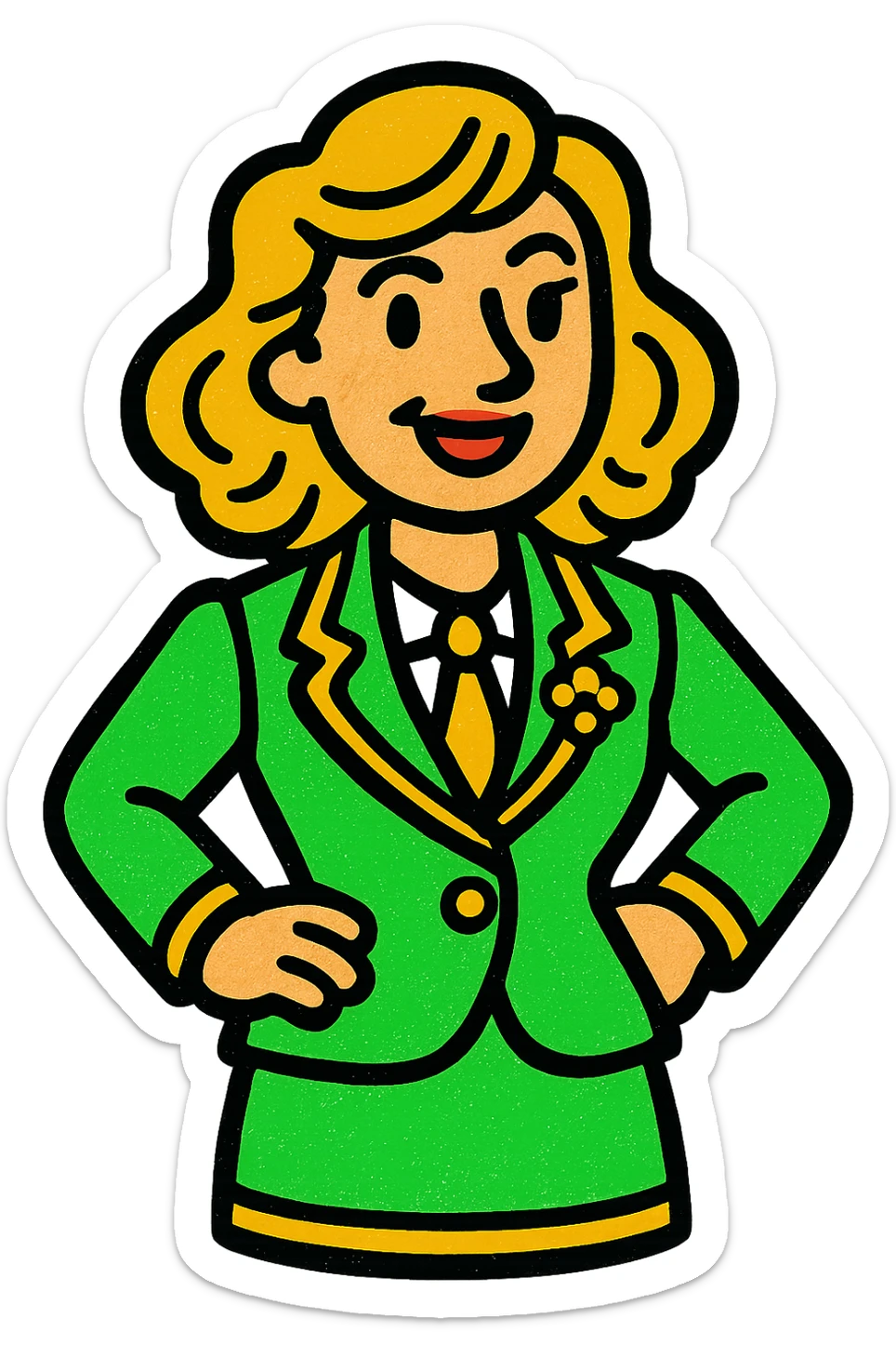 woman in suit, classic look, green gold and white color scheme, elegant lines, decorative details sticker