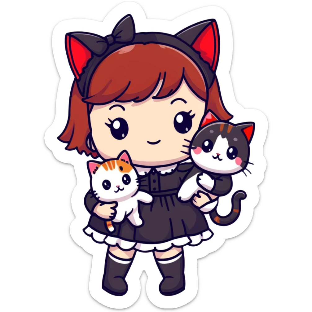 Girl with black and red-tipped hair in black Lolita dress with tabby cat sticker