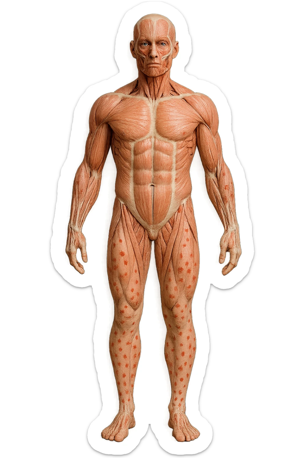 corpo umano anatomico a figura intera con red spot sparsi sulle gambe, iperrealistica in 3d sticker