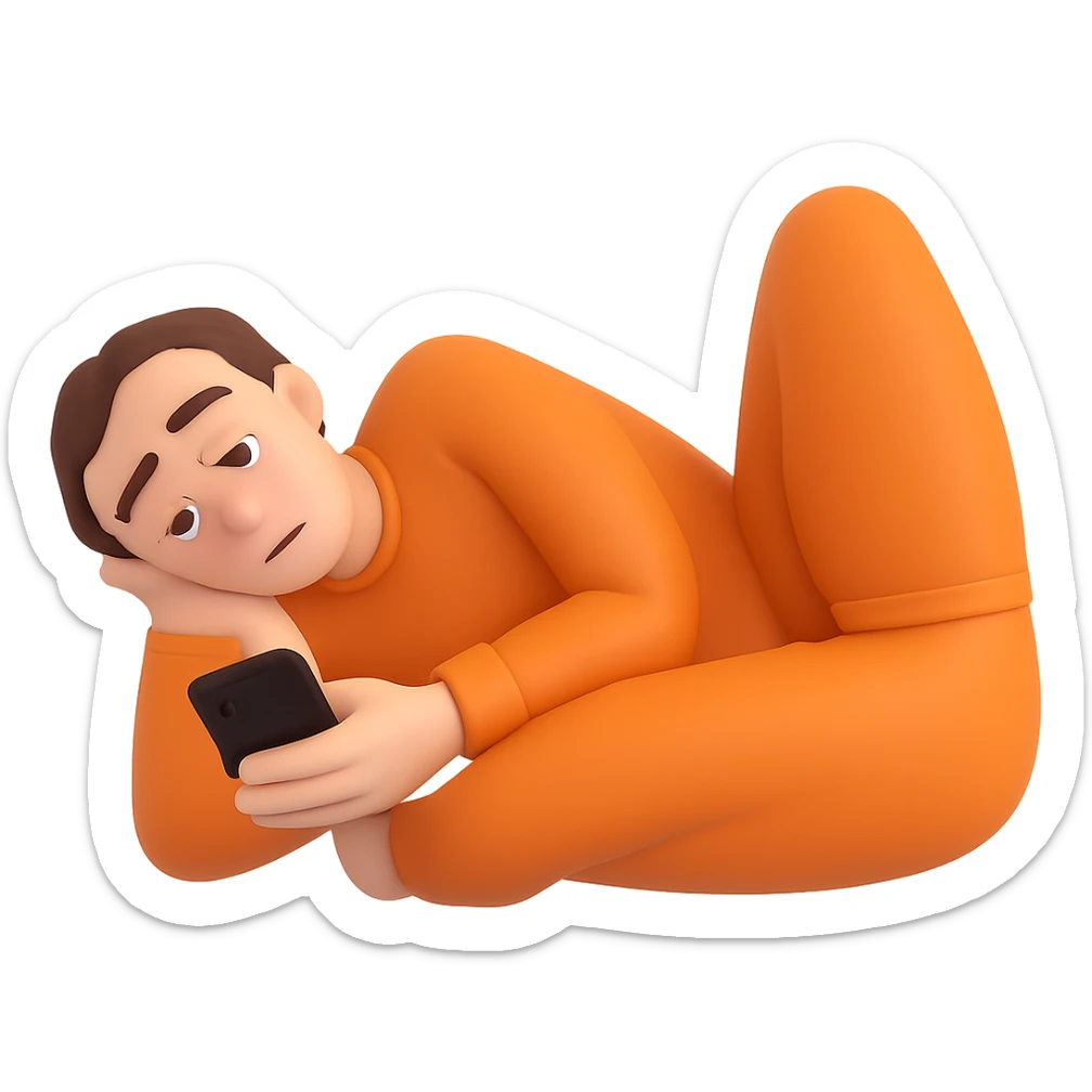 Add a phone in the hand of the emoji representing 'la flemme' (extreme laziness), keeping the heavy eyelids, slouched or lying posture, and overall tired, unmotivated vibe. Preserve the transparent background. sticker