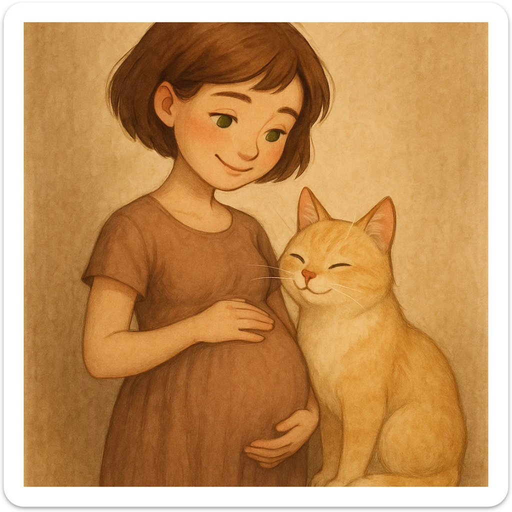 A pregnant girl with short brown hair and green eyes, standing next to a blonde cat. The girl is smiling and gently holding her belly, and the cat looks affectionate. sticker