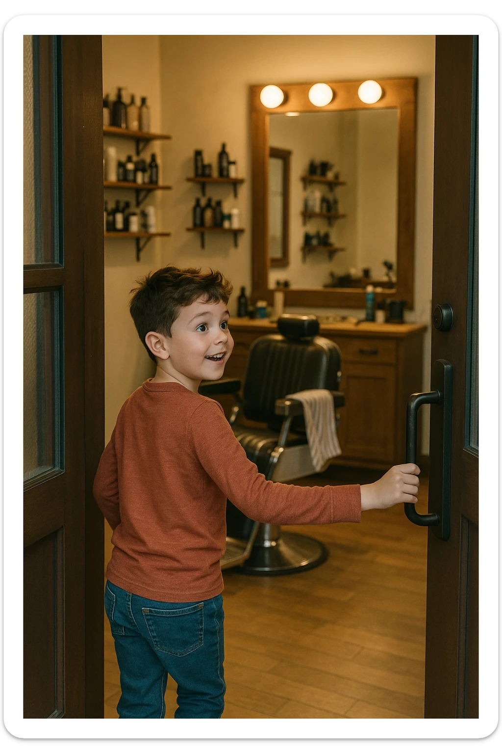 Sartaroshxonaga kirib kelayotgan bola sartaroshxona unchalik eski emas ammo yangi ham emsa sticker