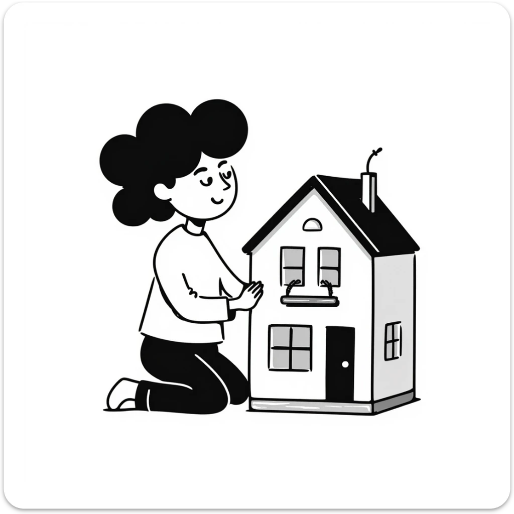 smiling girl arranging furniture in doll house sticker