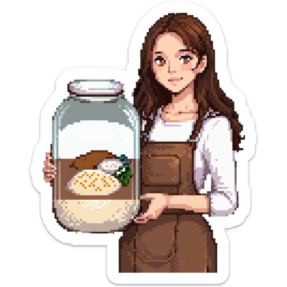 designer woman with brown hair holding a big glass jar of rice sticker