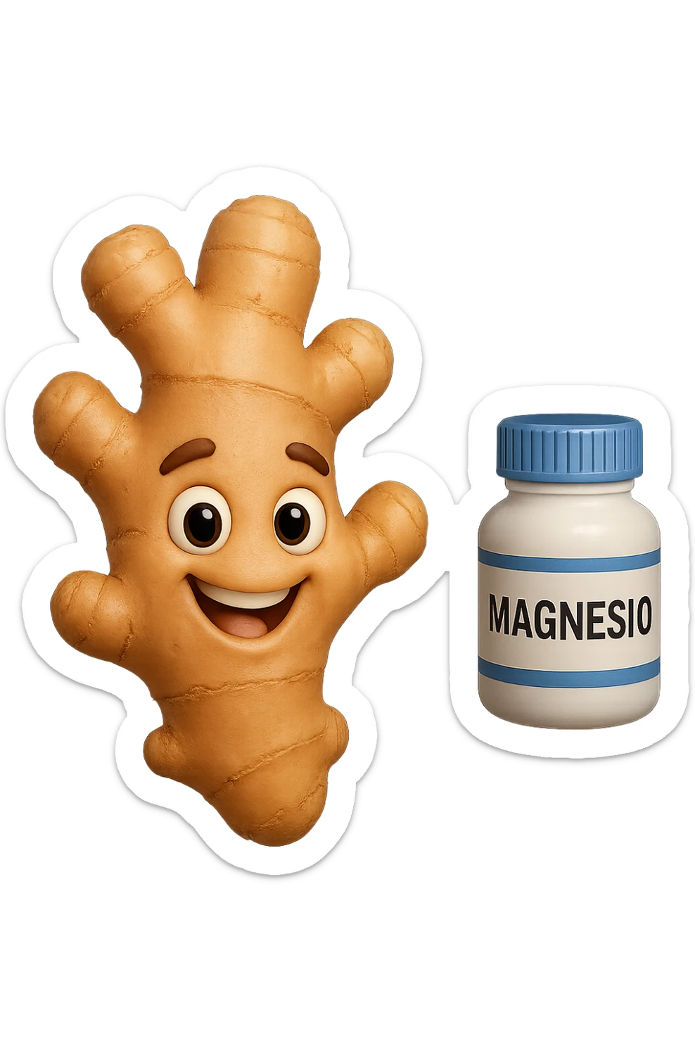 emoji stile iphone 3d di un pezzetto di zenzero e una boccetta di magnesio con la scritta "MAGNESIO" SULL'ETICHETTA CHE FLUTTUANO IN ARIA, iperrealistico 4k sticker