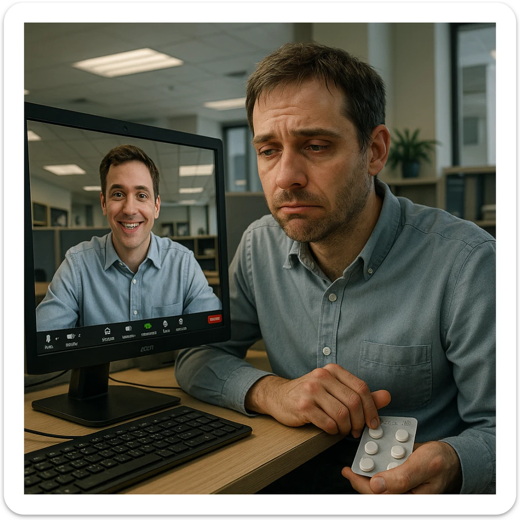 Man in his mid-30s, Zoom call, fake smile, hand under desk clutching caffeine pills, screen reflection reveals exhausted posture, virtual avatar upright and lively, hyperrealistic 4K, office environment sticker