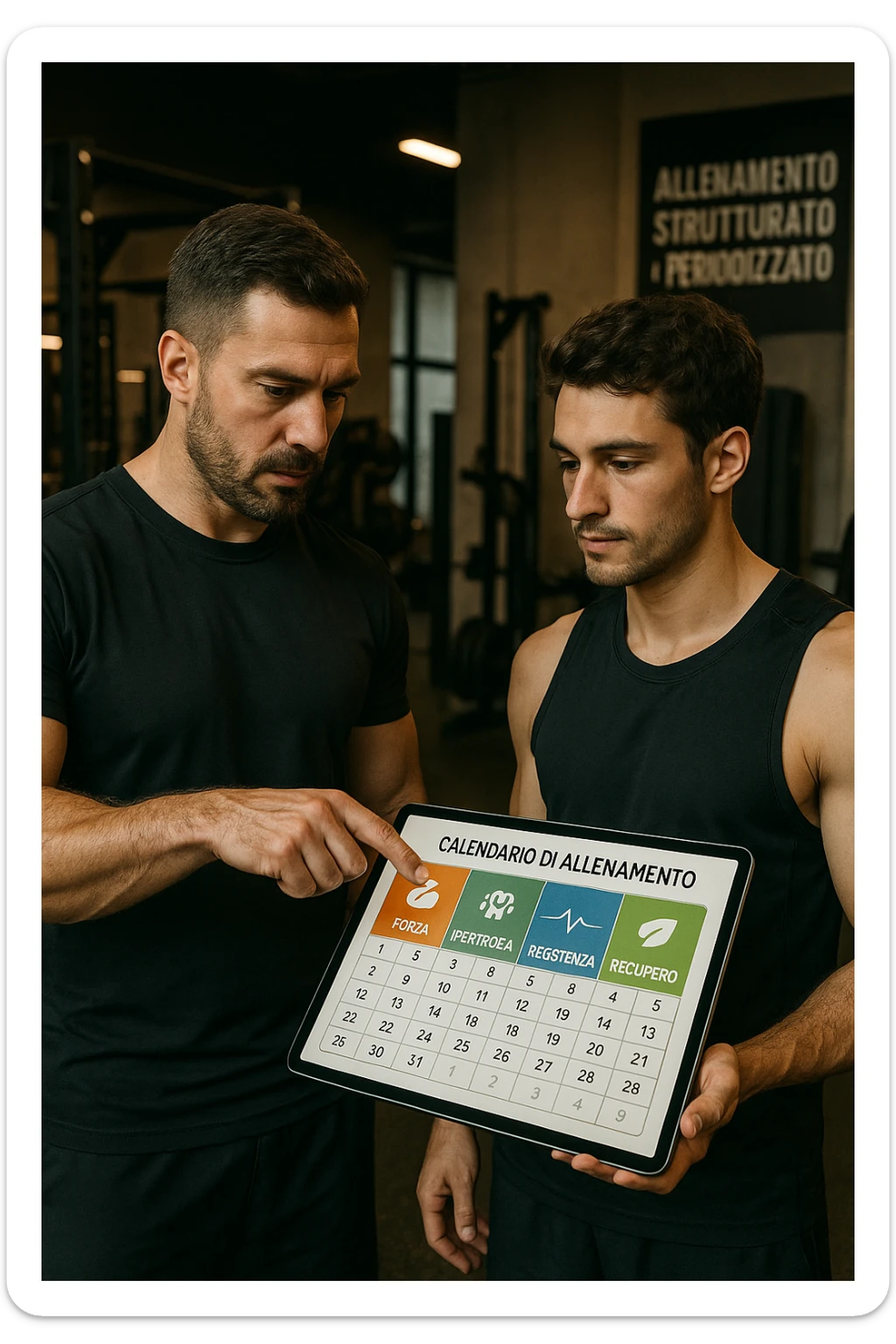 realistic cinematic photo a personal trainer and a client stand in a modern gym, reviewing a large, color-coded training calendario or chart on a tablet. The calendario shows different phases (Forza, Ipertrofia, Resistenza, Recupero) with icons and dates. Around them, gym equipment and motivational posters reinforce the idea of structured, periodized training. in italiano sticker