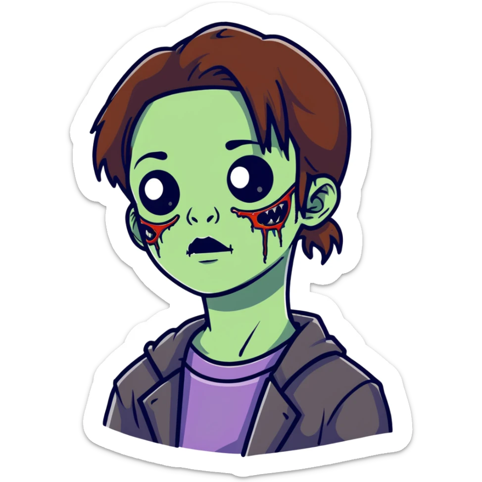 zombie teen girl with brown hair, grunge style, and septum piercing sticker