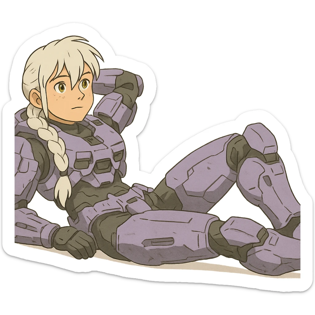female, wearing reach spartan armor shoulder-unequip, long white braid hair with massive messy front side single bangs, gold yellow eyes, attention pose, HALO:series, no helmet, the armor is lavender color scheme, laying back and relaxing flat on the ground sticker
