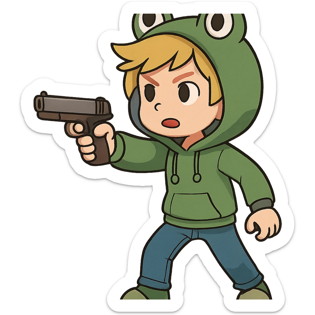 animated boy with blonde hair wearing a frog hoodie, pointing a gun forward, general style sticker