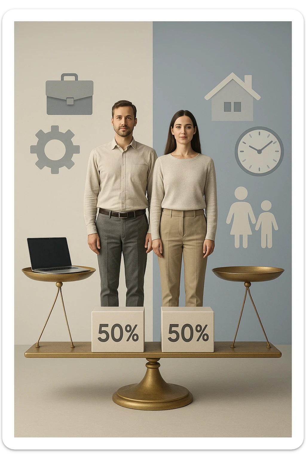 Uomo e donna in piedi l’uno accanto all’altra, al centro di una bilancia perfettamente in equilibrio. Entrambi vestiti in modo simile (moderno e neutro), con espressioni serene e rispettose. Sotto i loro piedi, due blocchi con scritto '50%' ciascuno. Sullo sfondo, elementi divisi simmetricamente: lavoro, famiglia, tempo libero, rappresentati equamente da entrambi. Atmosfera armoniosa, illuminazione equilibrata, colori neutri e simbolici (bianco, grigio, blu e oro). Stile realistico con accento simbolico sul concetto di equità sticker