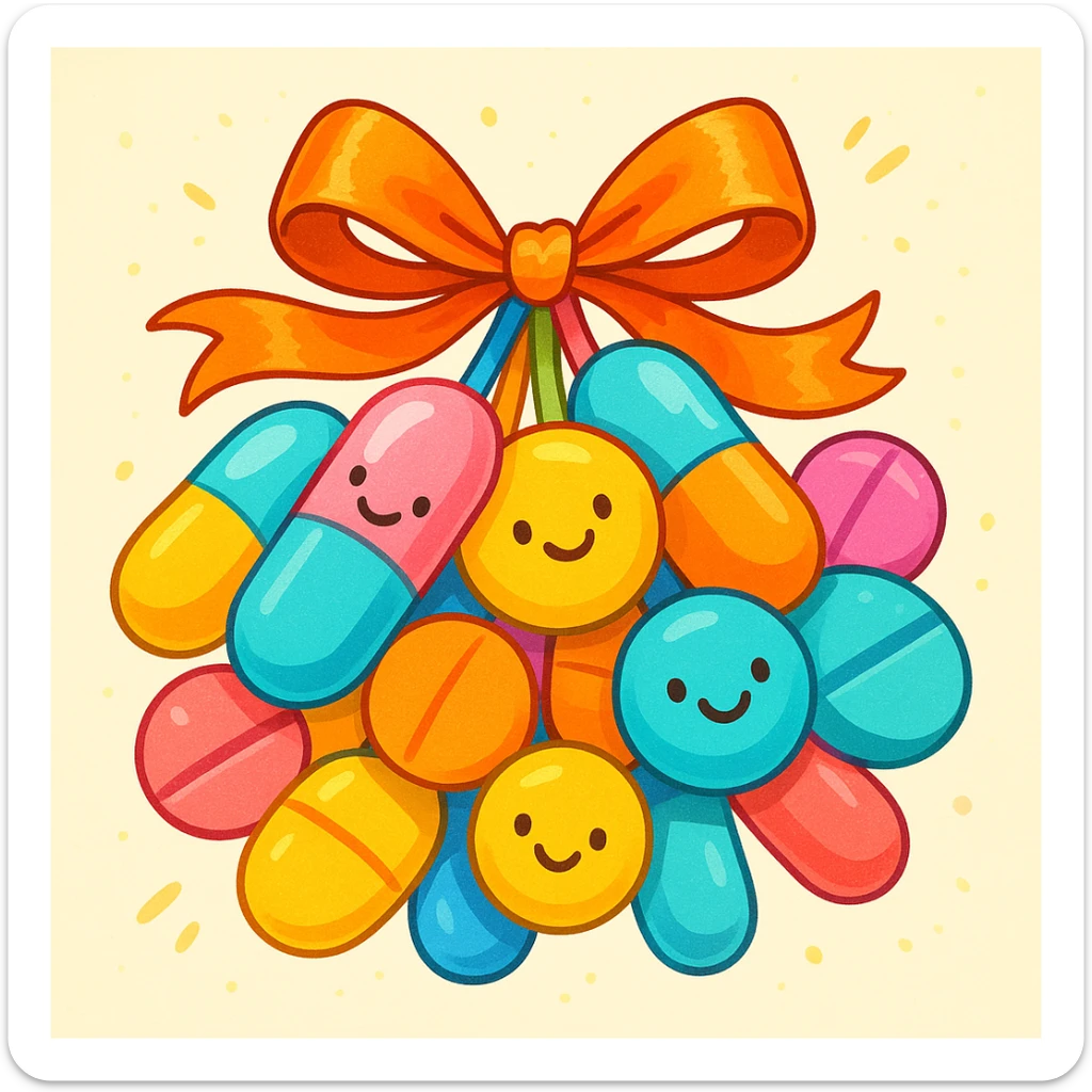 a bunch of assorted medicine pills tied together with a ribbon, cheerful and fun sticker