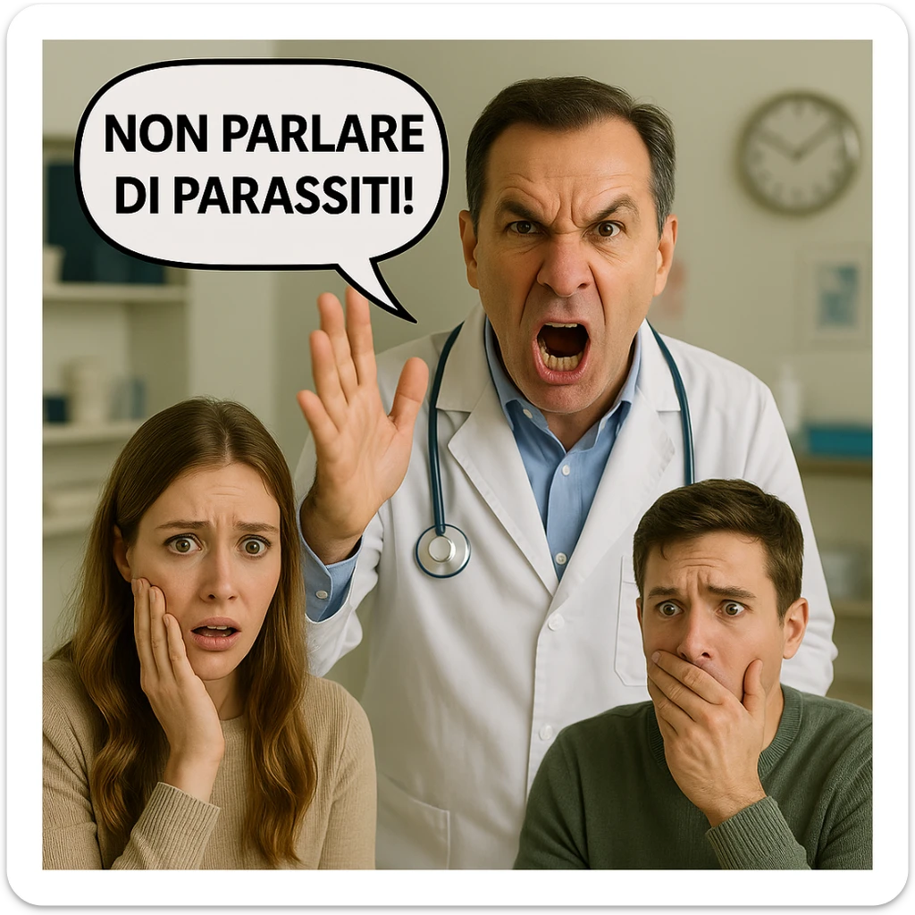 Add frightened patients in the scene and include the doctor's text 'NON PARLARE DI PARASSITI!' inside a speech bubble. Maintain the realistic style and medical setting as shown in the reference image. sticker