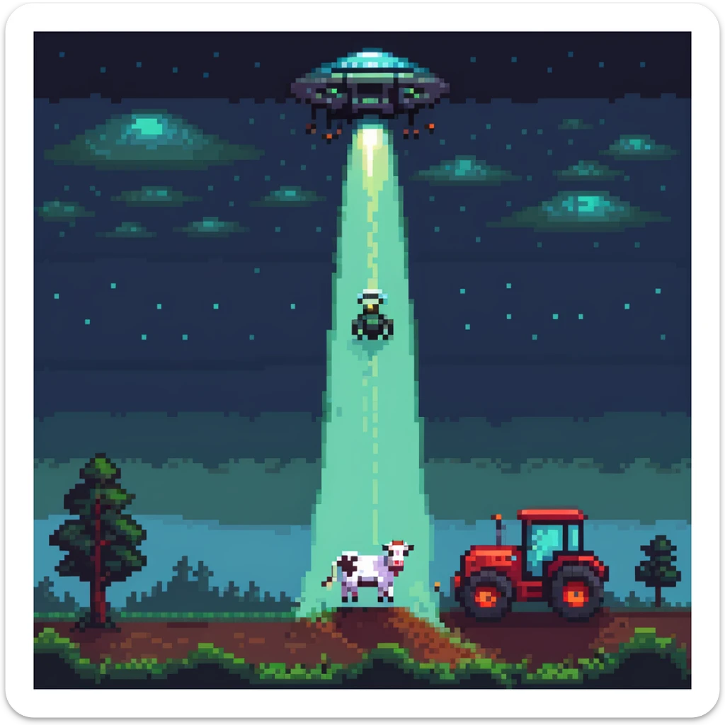 UFO abduction scene with a cow being lifted by a tractor beam at night sticker