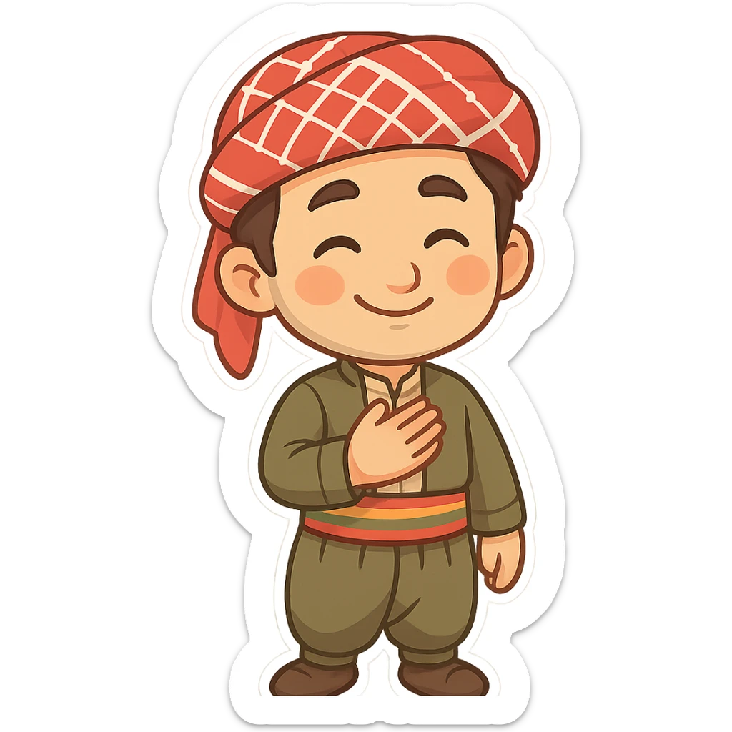 cartoon sticker of a Kurdish man in traditional clothing, hand on chest (salute) pose, gentle smile, colorful and cheerful, no text, suitable for WhatsApp and Instagram sticker