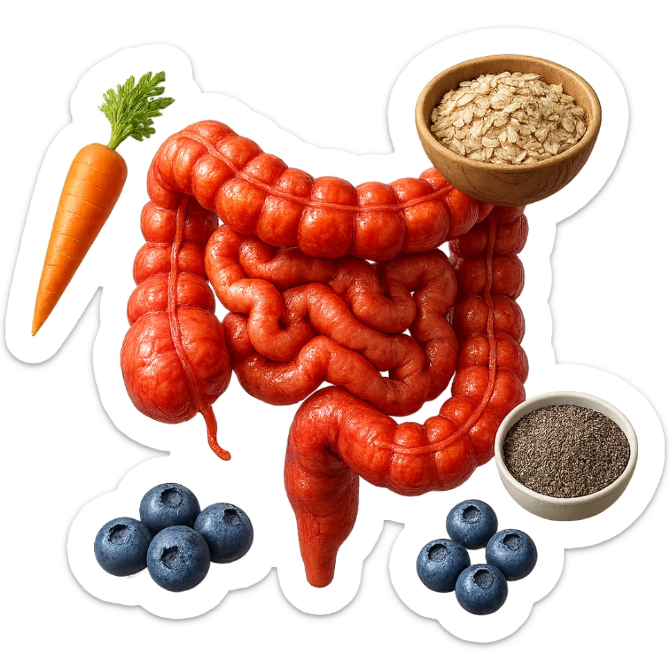 intestino umano anatomico infiammato al centro con carota, bowl di avena, mirtilli, bowl di semi di chia che gli fluttuano intorno , iperrealistico 4k sticker