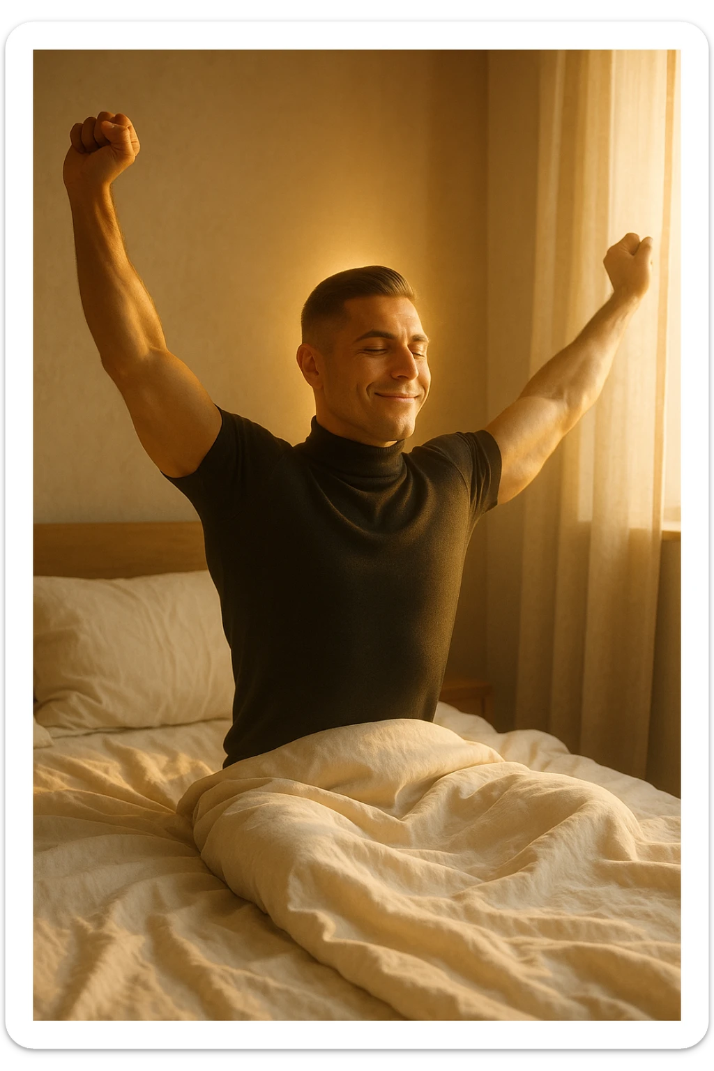 A cinematic photo of a man stretching in bed just after waking up, the morning sunlight flooding the room. His skin glows slightly, expression rested and serene. Muscles subtly defined, energy flowing through his posture. The air is filled with a golden calm. A symbolic glow surrounds his head and chest, representing mental clarity and physical recovery. The scene is clean, natural, minimalist. Rich in textures and realistic warmth. sticker