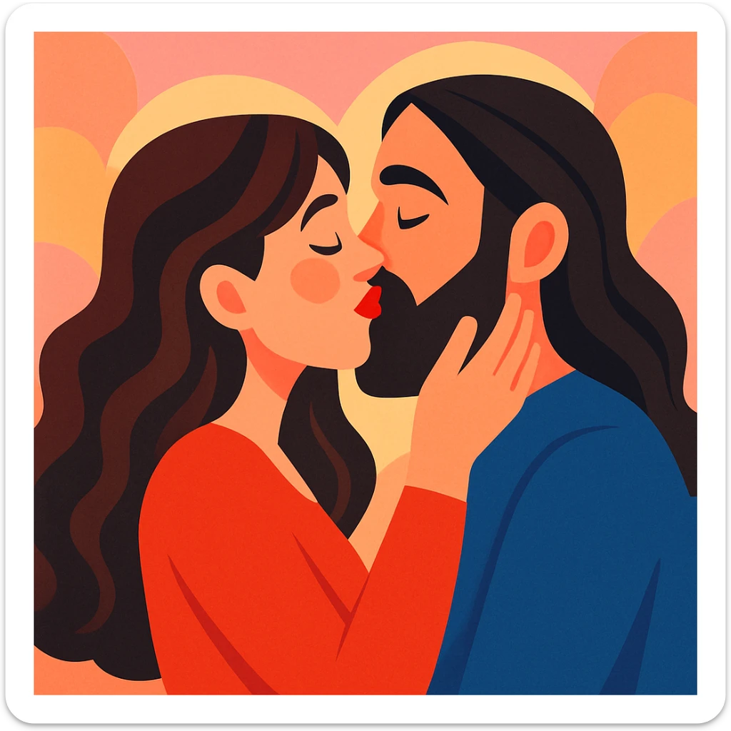 expressive illustration of a white woman with long dark brown wavy hair and a white man with long hair and black beard kissing, soft background, romantic atmosphere sticker