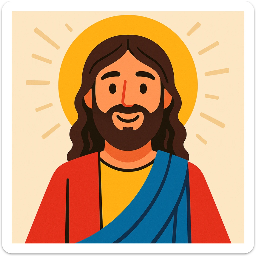 Jesus Christ in cartoon style, with halo, kind face, long hair and beard, bright simple clothing, light background sticker