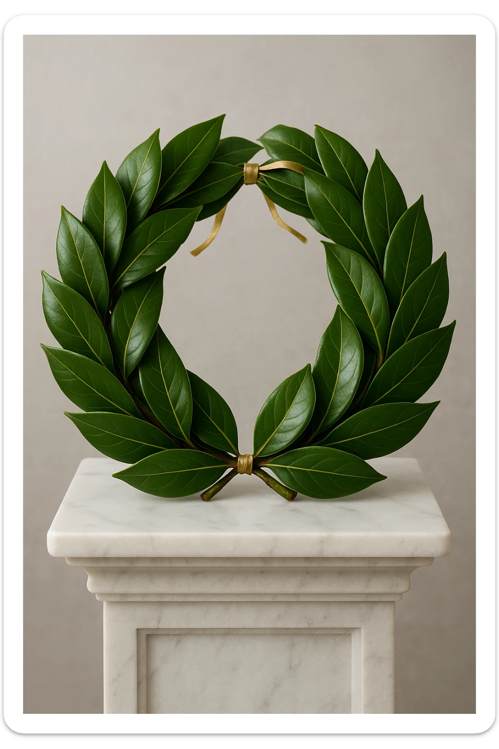 A realistic laurel wreath made of fresh or natural-looking laurel leaves, neatly woven into a circle. The leaves are glossy, rich green, with golden veins. The wreath is adorned with a thin golden ribbon tied in a bow at the back. The wreath is placed on a white marble pedestal or cushion. sticker