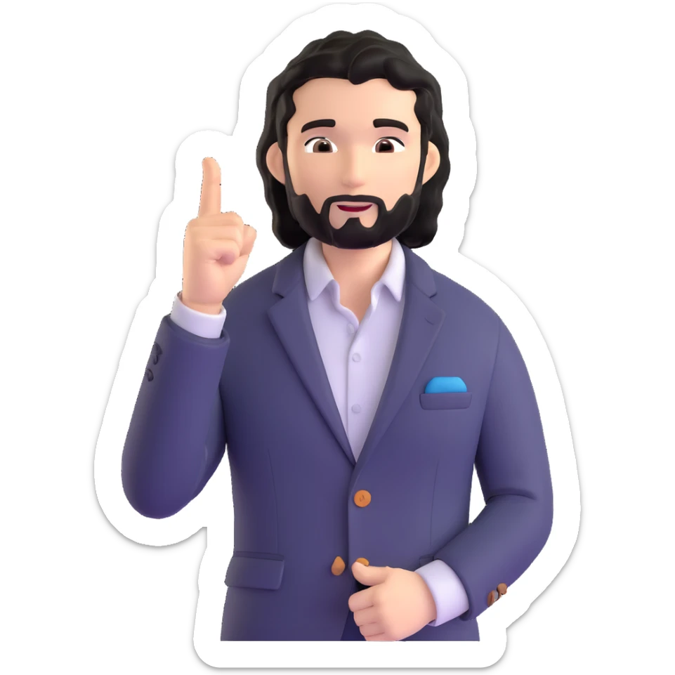 Professional portrait of a business strategist with black wavy hair, stubble, chiseled face, wearing blazer and button-up shirt, confident engaging expression, speaking pose, suitable for keynote speaker profile sticker
