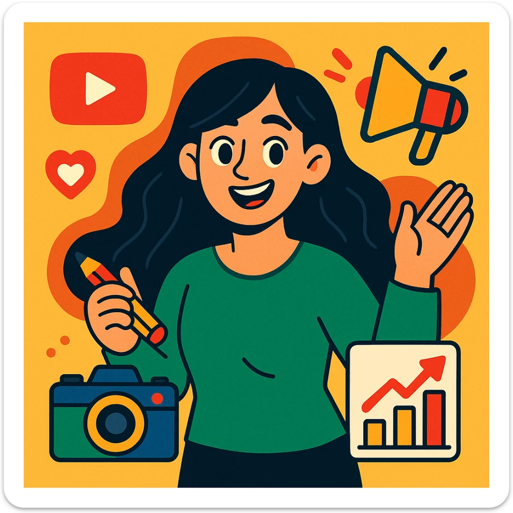 creative woman with long black hair and green outfit, surrounded by icons of social media, camera, and marketing, showing kindness and passion, colorful cartoon style sticker
