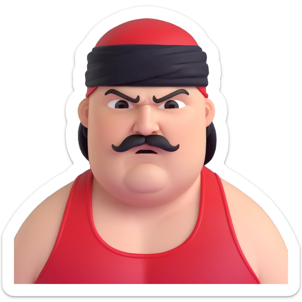 Close-up of extremely fat white skin guy with young face, prominent BLACK DURAG tied clearly on head, distinct black beard and mustache, no muscle, black eyes in a red and black wrestling singlet with angry face sticker
