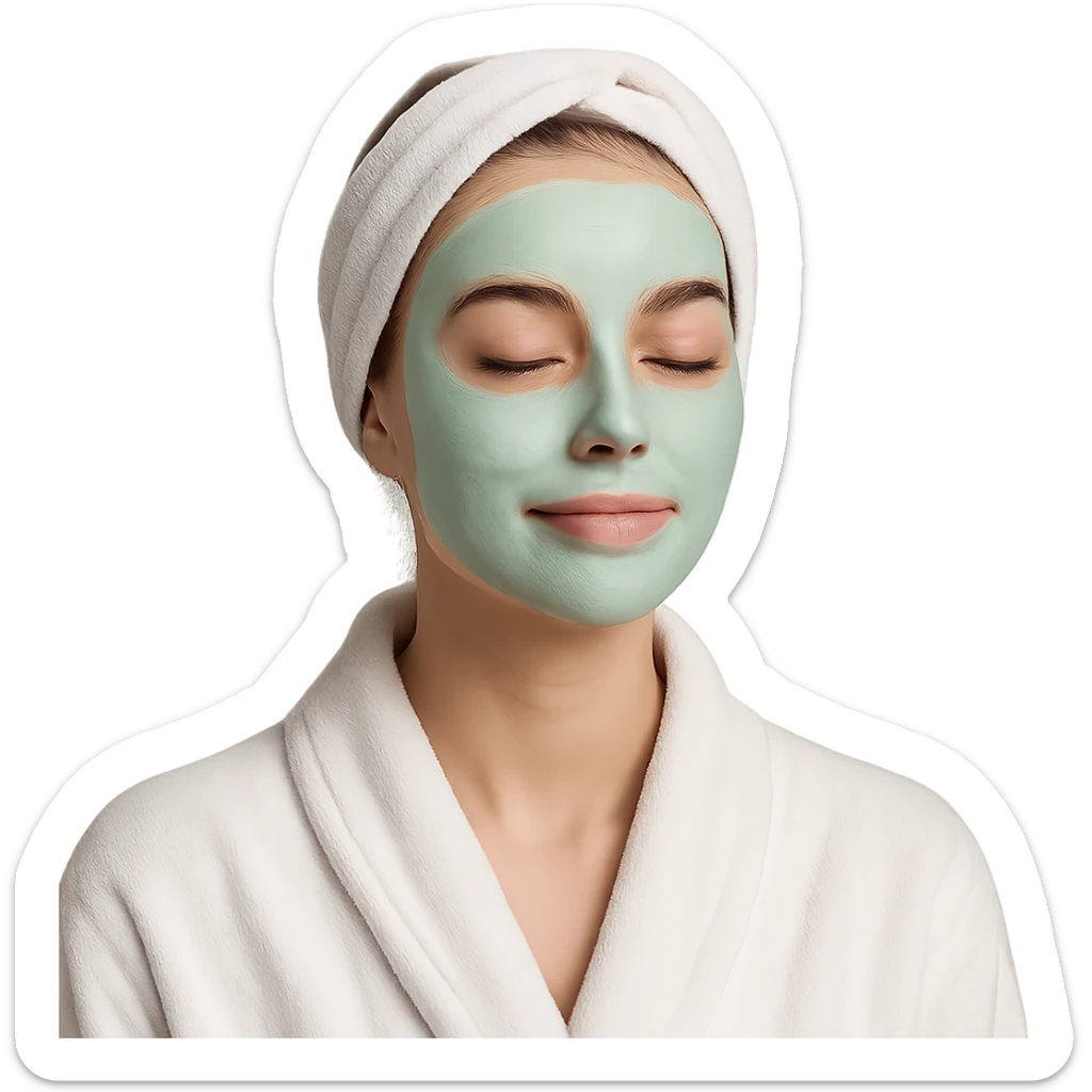 girl in a robe with a green skincare face mask, relaxed expression, simple background sticker