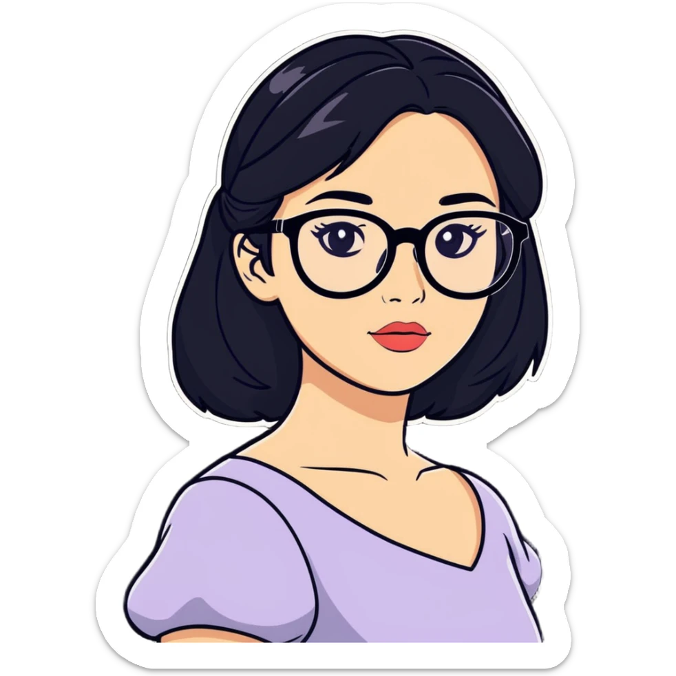 white baddie pretty girl with black hair and glasses, prettier, more like a Disney princess sticker