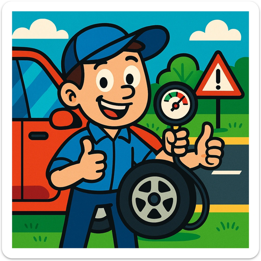 smiling cartoon character showing tire pressure gauge next to car, road safety atmosphere, bright colors sticker