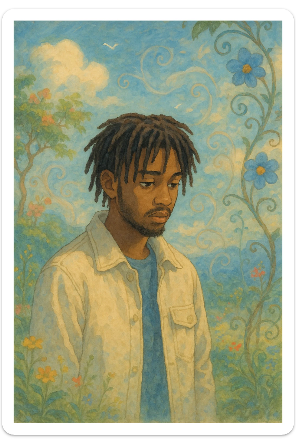 Tiakola on the cover of the album Mélo, Ghibli style, poetic atmosphere, artistic background inspired by the original cover, no text sticker