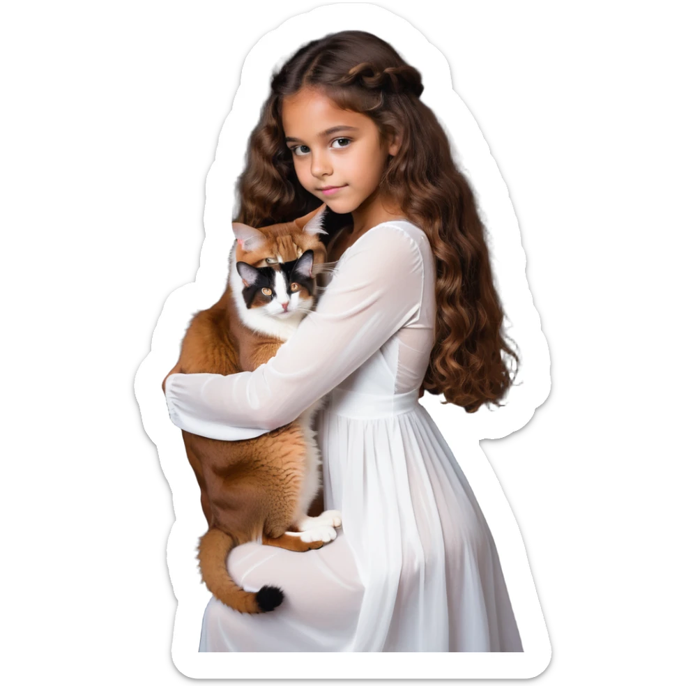 beautiful girl with curly long brown hair in a white dress cuddling an Abyssinian cat with reddish-brown fur sticker