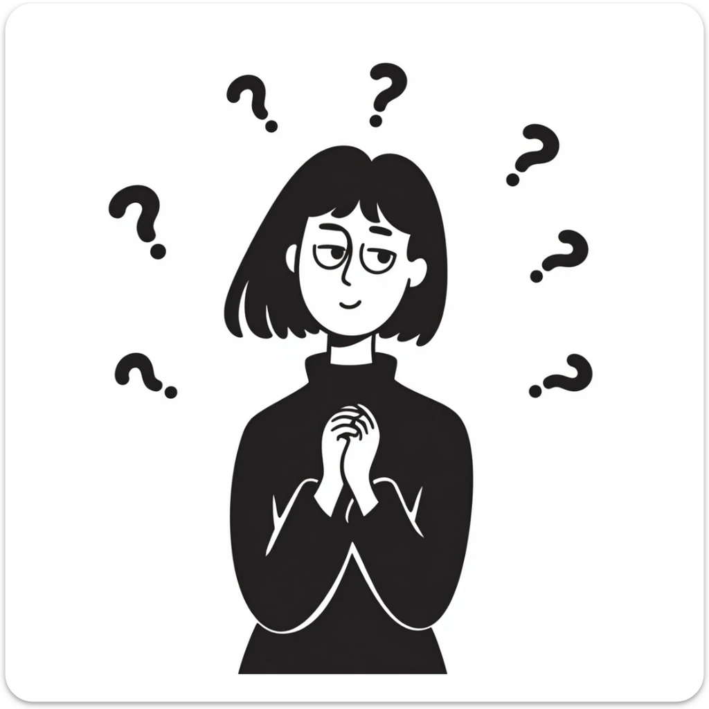 confused woman with straight dark hair, head tilted, question marks circling around her, hand-drawn doodle style sticker