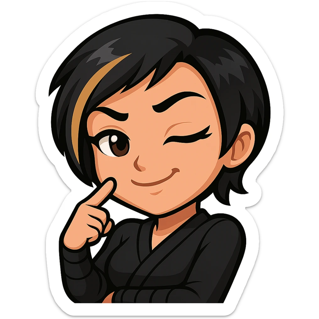 Sexy chibi ninja girl with black short hair and a blonde streak, only head and arms, colorful chibi style with bold outlines, transparent background, no mask, smug grin with a wink and finger pointing at her cheek, sized for Twitch emoji use. sticker