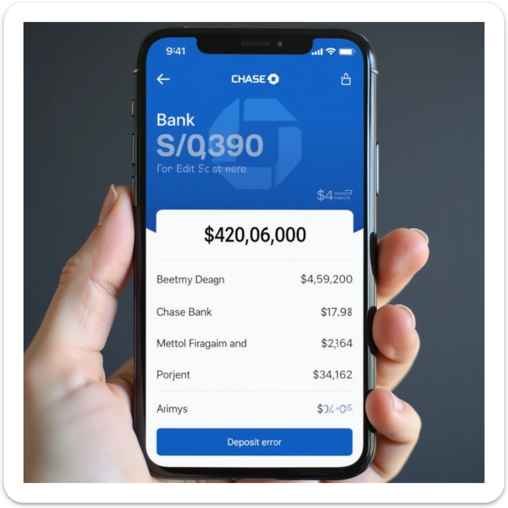 a iphone screenshot showing a chase bank balance of -$420,069,000, "deposit error" sticker