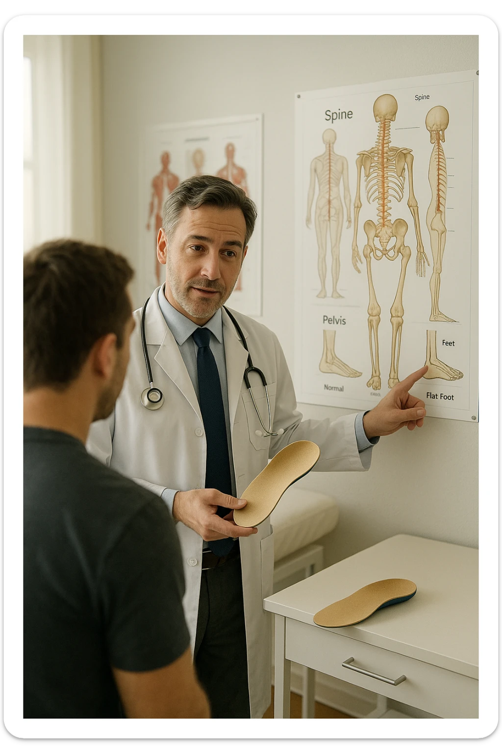 A realistic, cinematic illustration of a professional male doctor in his mid-40s, wearing a white coat, calmly explaining to a patient the benefits of using orthopedic insoles (plantari) for posture correction. The doctor holds a custom insole in his hand while pointing gently to a detailed anatomical poster showing the human spine, pelvis, and feet, illustrating the connection between foot alignment and posture. The setting is a bright, clean medical office with soft natural lighting, a treatment table, and educational anatomical charts in the background. The patient, seen from behind, listens attentively, while the doctor maintains a warm, knowledgeable expression, emphasizing preventive care and body alignment through plantar support. The scene feels trustworthy, modern, and health-focused. sticker