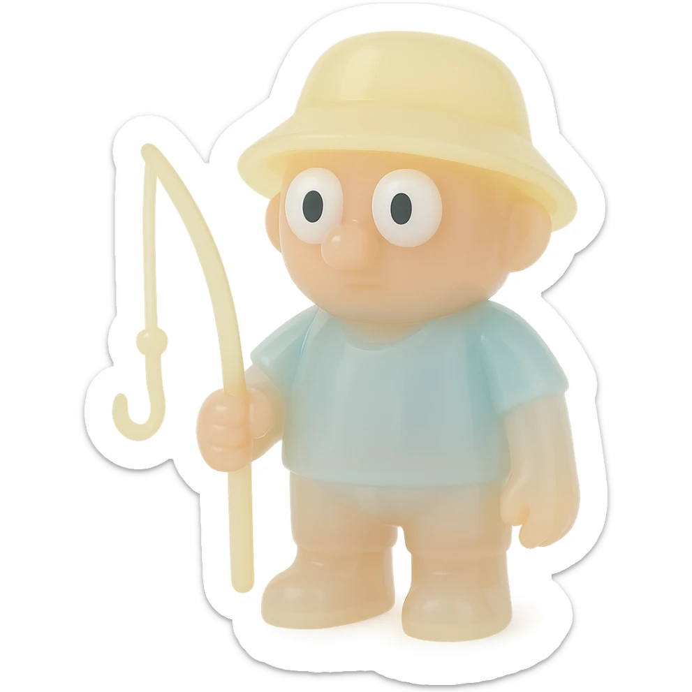 full-body fisherman, retro 90's toy style, very transparent and slightly see-through, natural tan skin, blue shirt, yellow hat, large white eyeballs with small black pupils, soft plastic texture, soft reflections, soft and squishy, some cloudiness, not shiny, highly detailed, appealing, no tag, no background sticker