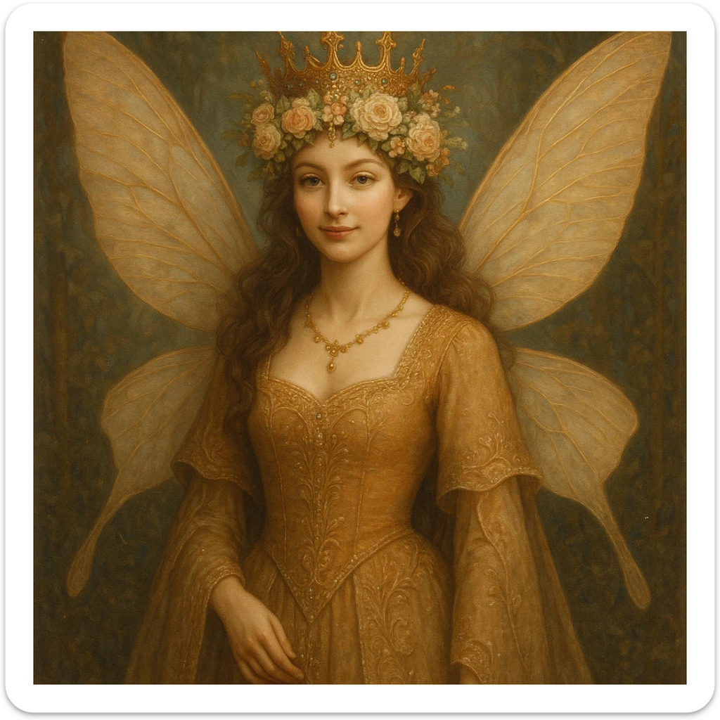 regal fairy queen with crown of flowers, elegant wings, gentle smile, detailed fantasy art style sticker