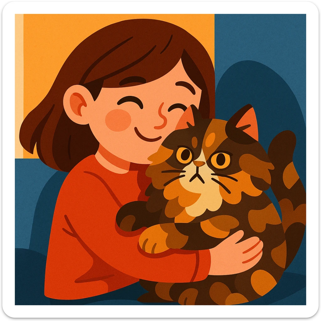 brunette girl hugging a fluffy tortoiseshell Persian cat, cartoon style, cozy and loving sticker