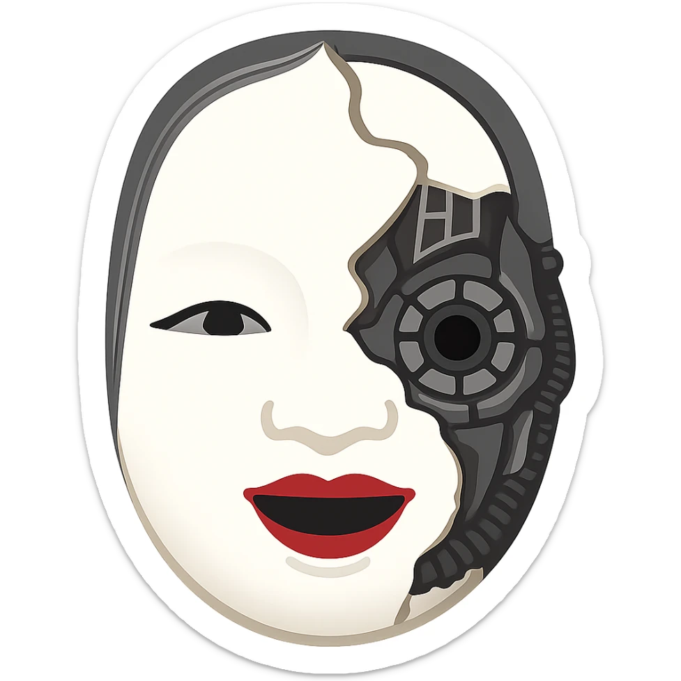 Create a cyborg-style Noh mask emoji inspired by the traditional Noh mask in the reference image. The design should feature half of the traditional Noh mask and the other half composed of mechanical cyborg parts. The style should be simple yet expressive, capturing the essence of a cyborg Noh mask. No background, transparent. sticker