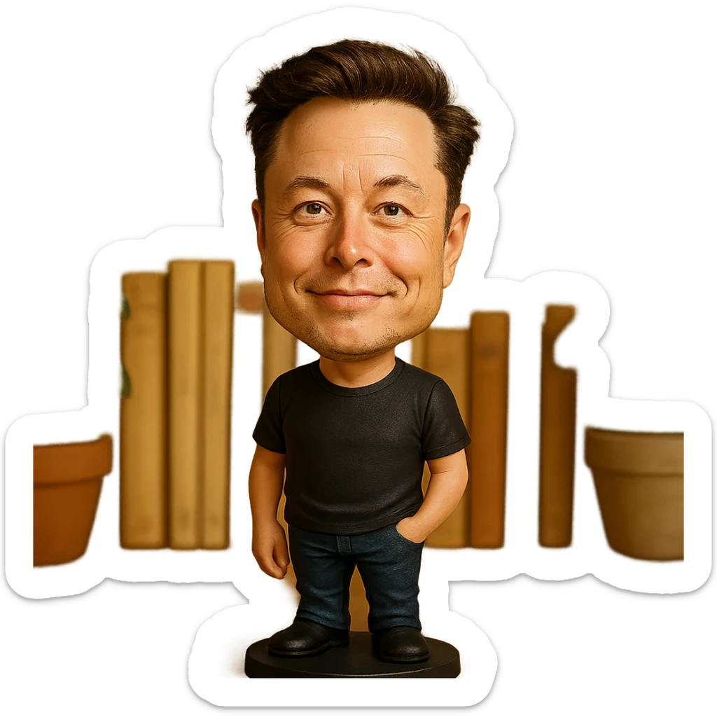 exaggerated cartoonish features bobblehead of Elon Musk in a casual outfit sticker