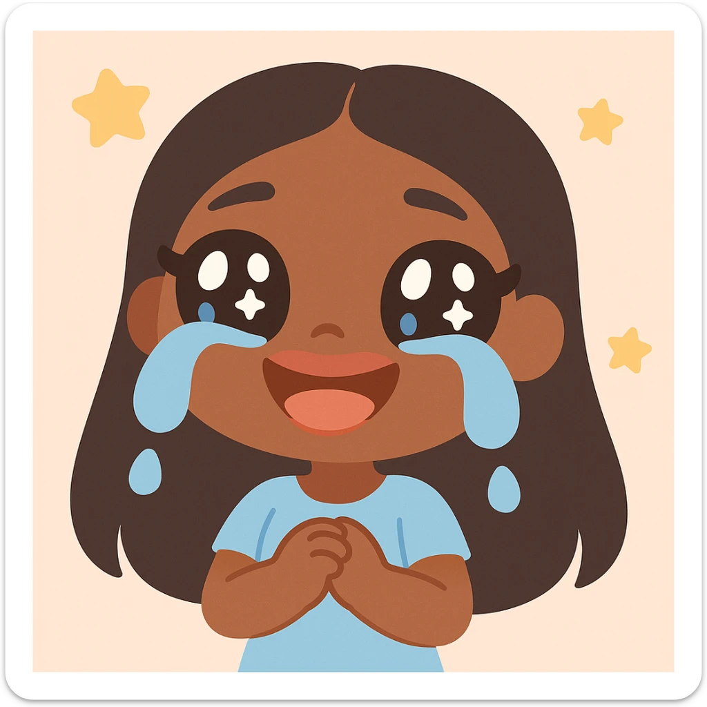 anime style character with dark skin and dark hair, inspired by Bratz dolls, crying laughing expression, big expressive eyes, glossy lips sticker